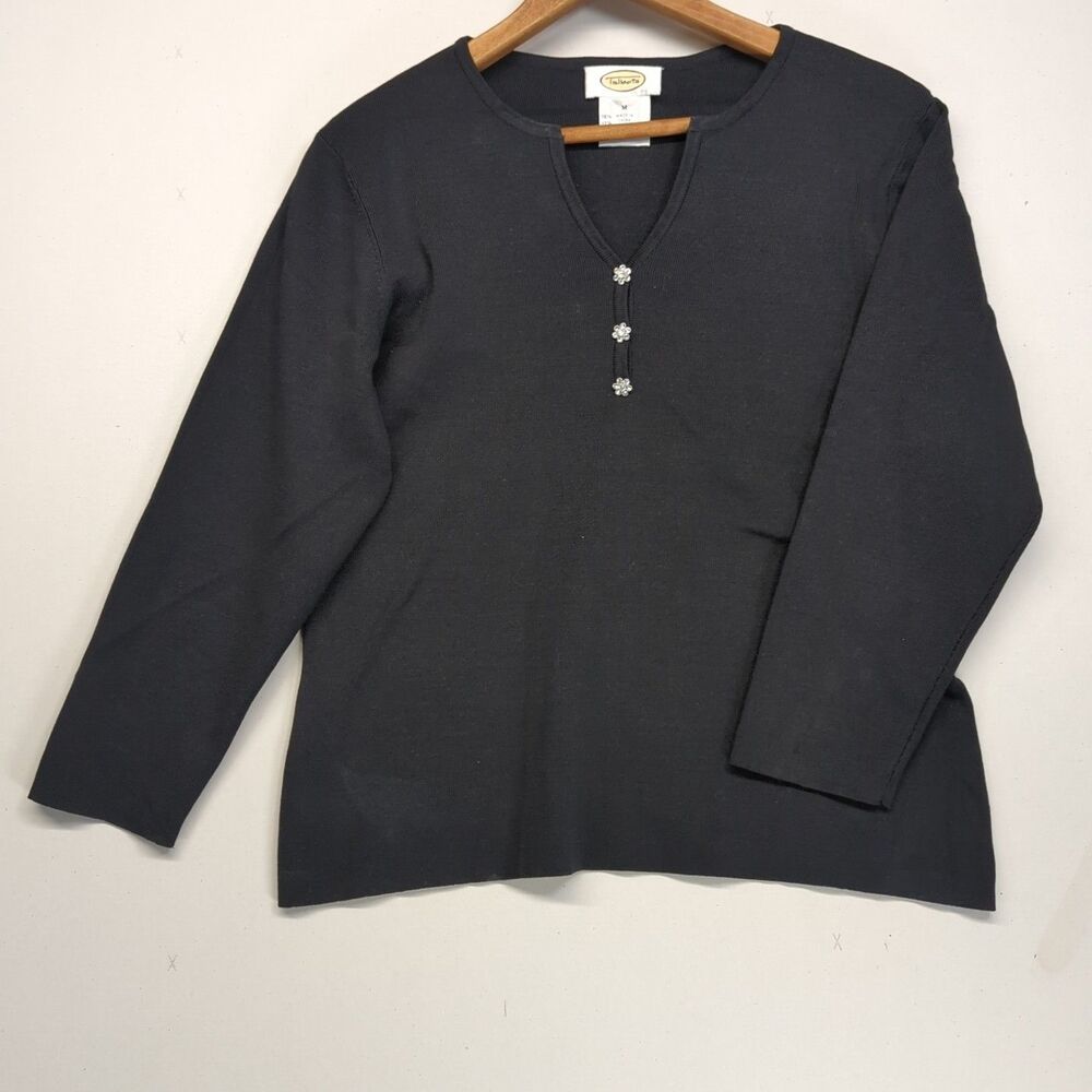 Talbots Women Silk Blend 3 Flower Stud Henley Sweater Black M
